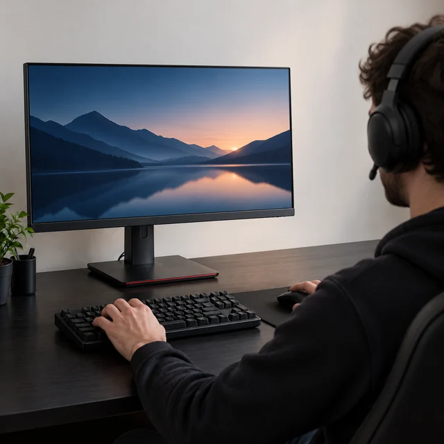 Gaming monitor displayed on a desk in an evening setup.