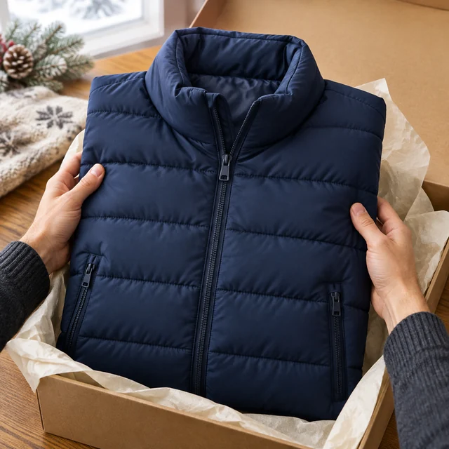 Navy quilted winter jacket lifted from a gift box.