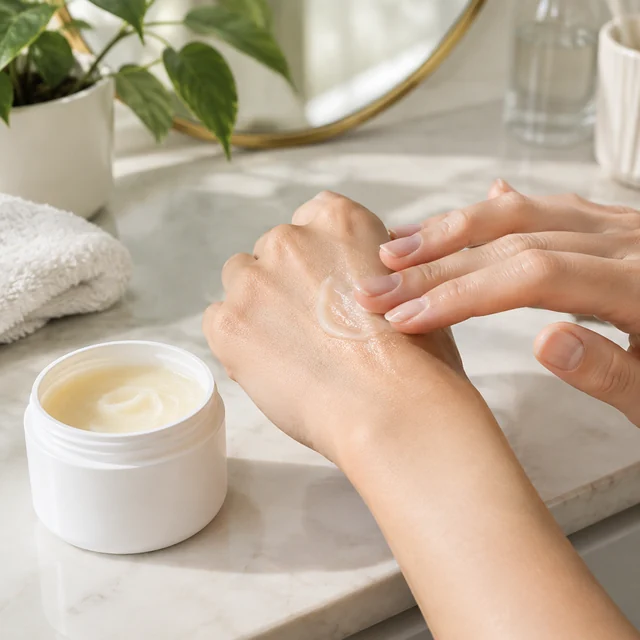Adult smooths balm onto the back of a hand.