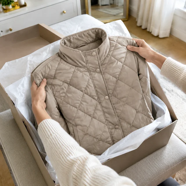 Adult lifts a quilted jacket from a gift box.