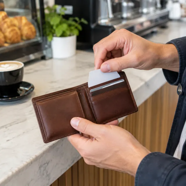 an adult opens the wallet and slides in a blank card at a cafe counter.