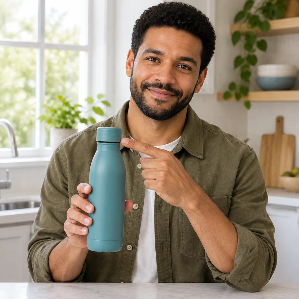 Adult man turns a plain matte teal water bottle toward the camera at a bright kitchen counter.