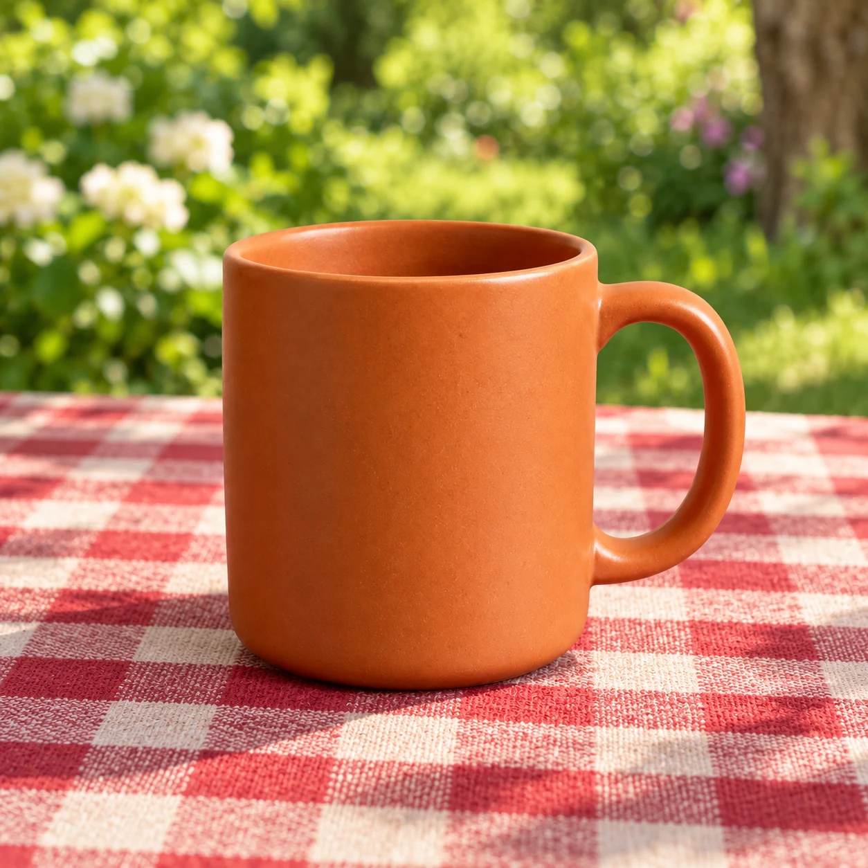 The same matte terracotta-orange ceramic mug on a red-and-cream picnic cloth in a sunlit garden.