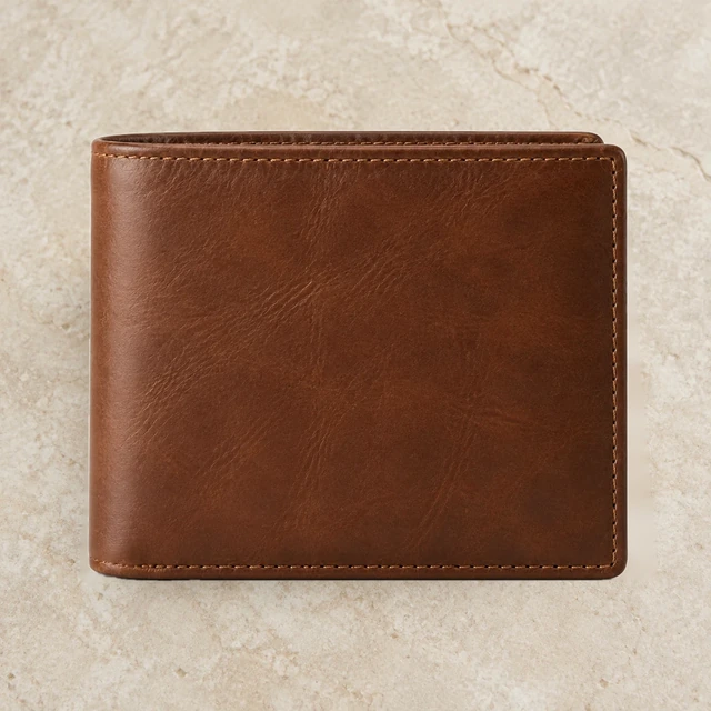 Brown leather bifold wallet on a warm marble tabletop as the starting product photo.