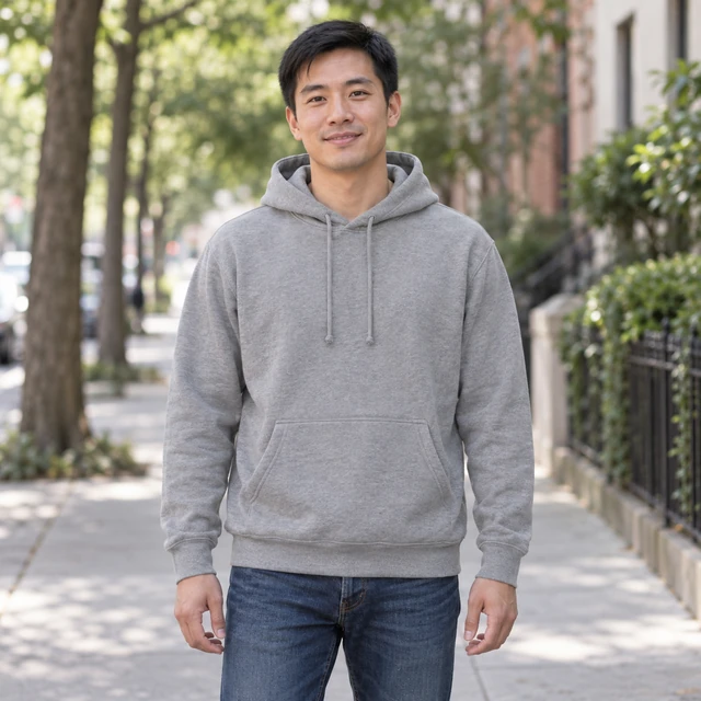 Adult man with short hair wearing a heather-gray pullover hoodie on a tree-lined sidewalk, facing camera.