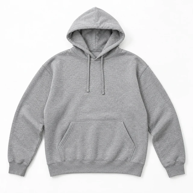 Heather-gray pullover hoodie laid flat on a pale background, with hood, drawstrings and front pocket visible.
