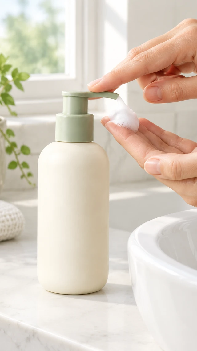 Hand presses a matte ivory cleanser pump beside a bright sink, with white foam on fingertips.