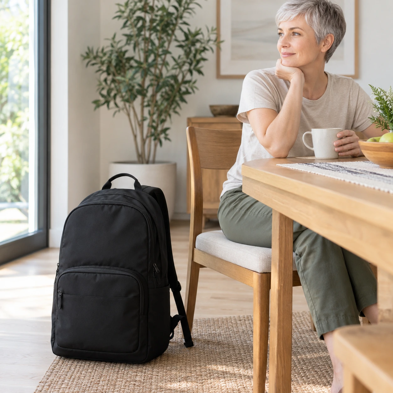 Adult with short silver pixie hair sits beside a plain black travel backpack near a dining chair.
