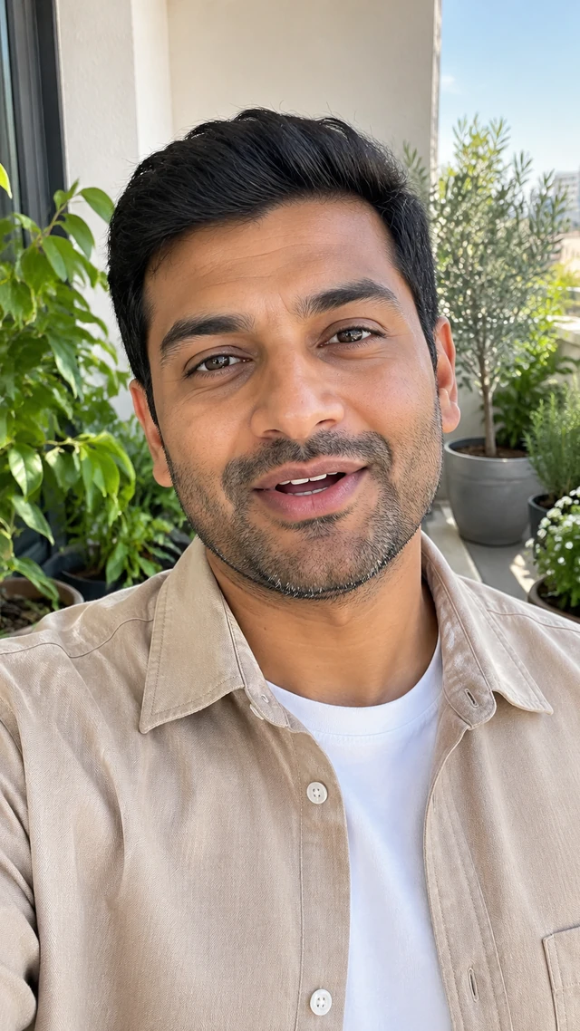 Adult South Asian man with short straight black hair in a balcony setting, speaking to camera standing among balcony plants speaking with a relaxed home update.