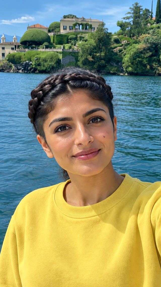 Adult South Asian woman with short braided crown with cropped sides in a beach setting, speaking to camera standing on a sunny shoreline greeting the camera.