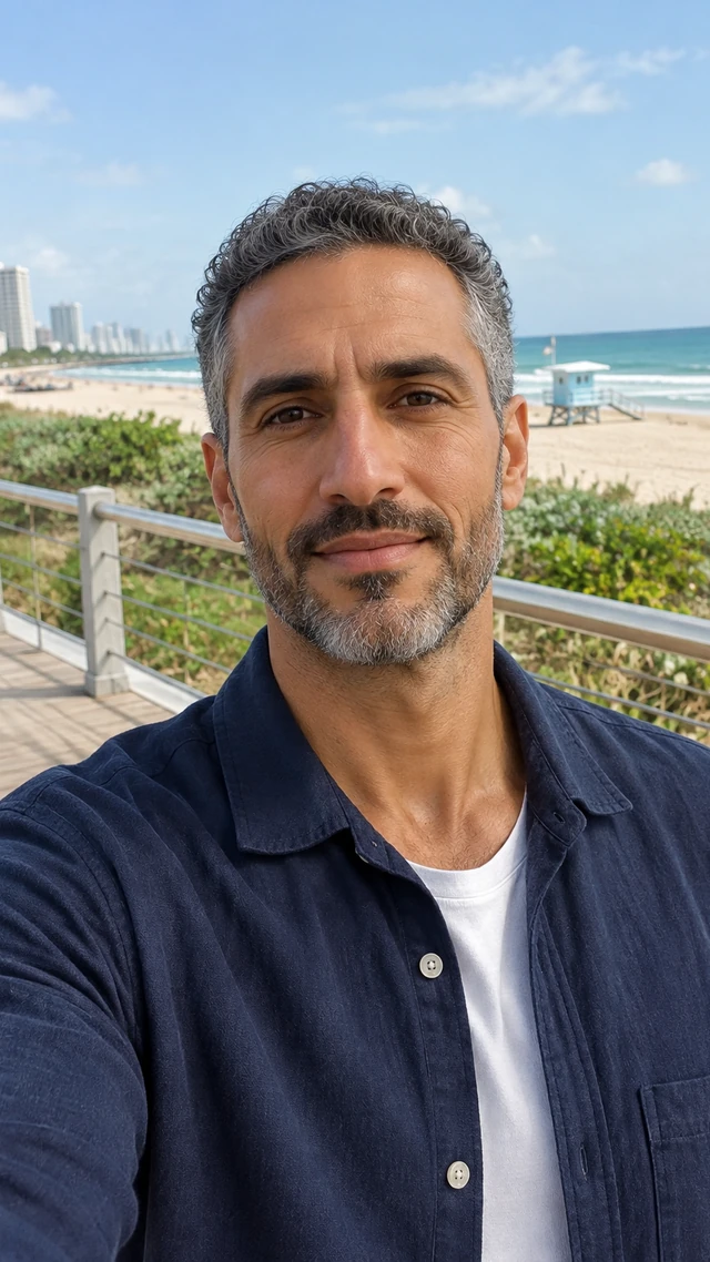 Adult Middle Eastern man with close-cropped gray curls in a beach setting, speaking to camera standing on a beach boardwalk giving a relaxed travel-style update.