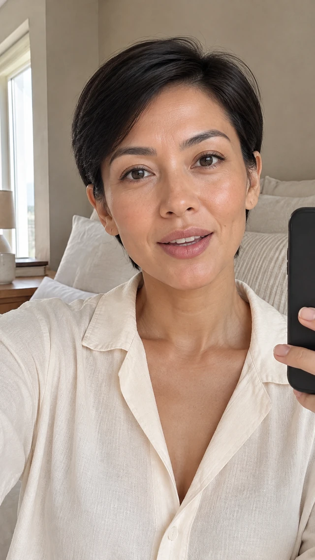 Adult Southeast Asian woman with short dark pixie tucked behind bare ears in a bedroom setting, speaking to camera standing in a calm bedroom mirror selfie speaking softly.