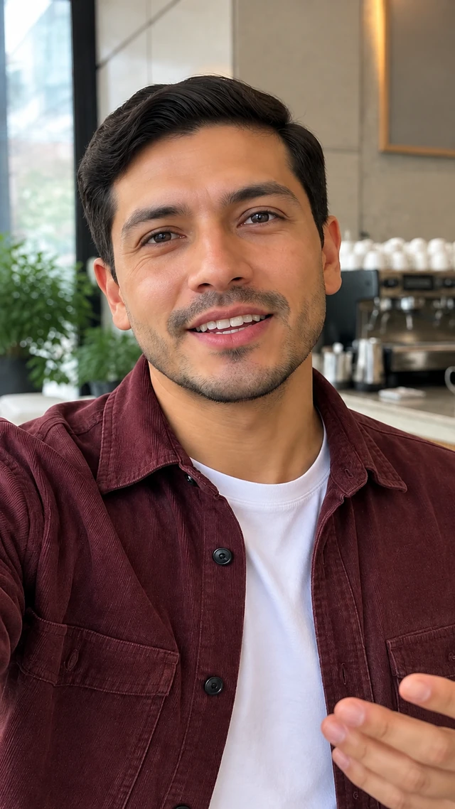 Adult Latino man with short dark side part in a cafe setting, speaking to camera standing at a cafe counter giving a quick conversational intro.