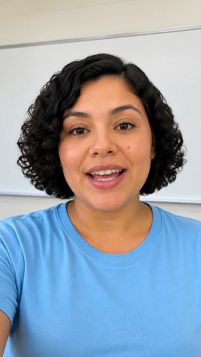 Adult Latina woman with short curly bob in a classroom setting, speaking to camera standing before a blank classroom board, giving a clear lesson introduction.