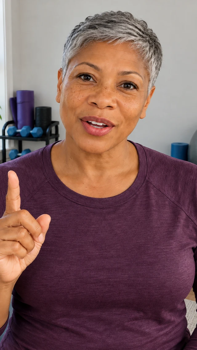 Adult Black woman with short gray pixie in an exercise setting, speaking to camera standing in a home exercise corner giving a warm-up explanation.