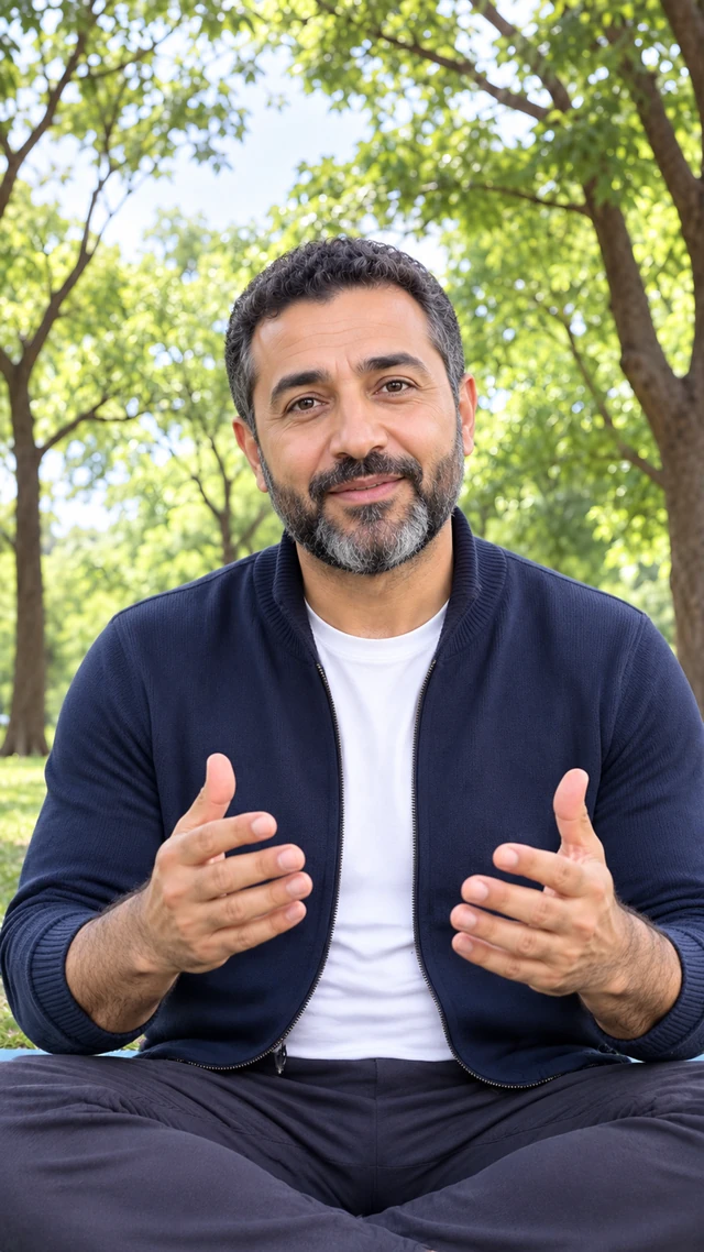 Adult Arab man with close-cropped curls in an exercise setting, speaking to camera seated on an exercise mat giving a calm recovery explanation.