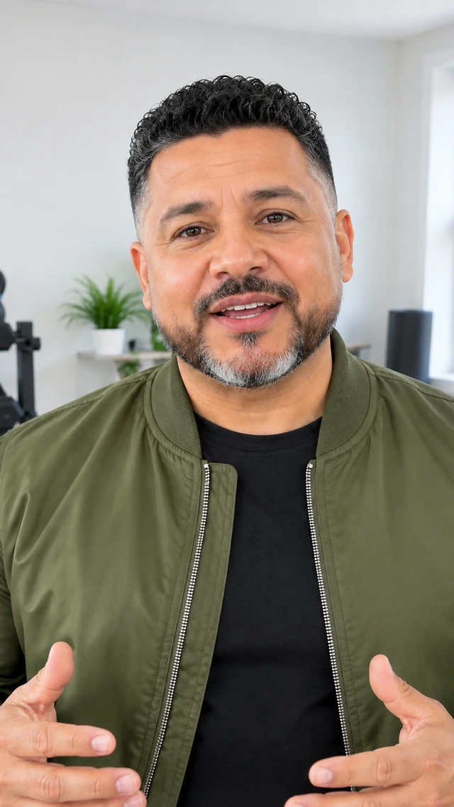 Adult Latino man with short curly fade in a fitness setting, speaking to camera standing in a bright fitness room describing a simple routine.