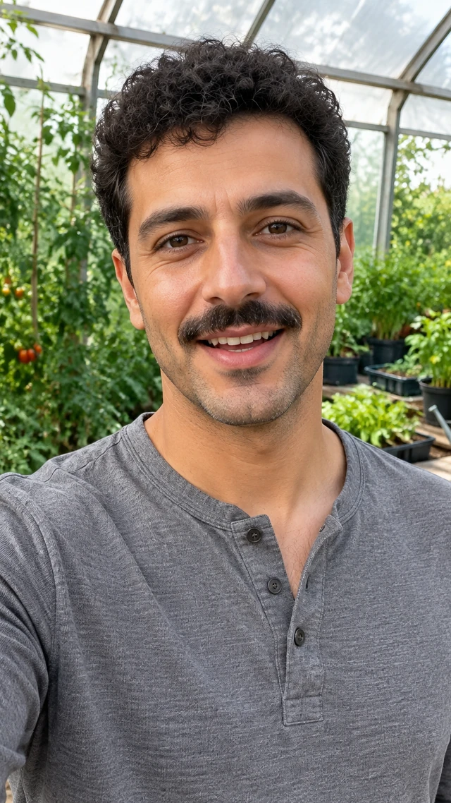 Adult Arab man with short curly black hair in a garden setting, speaking to camera standing near a greenhouse bench speaking with an easy smile.