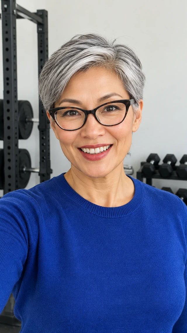 Adult East Asian woman with short silver pixie in a gym setting, speaking to camera standing near weight racks giving a pre-workout greeting.