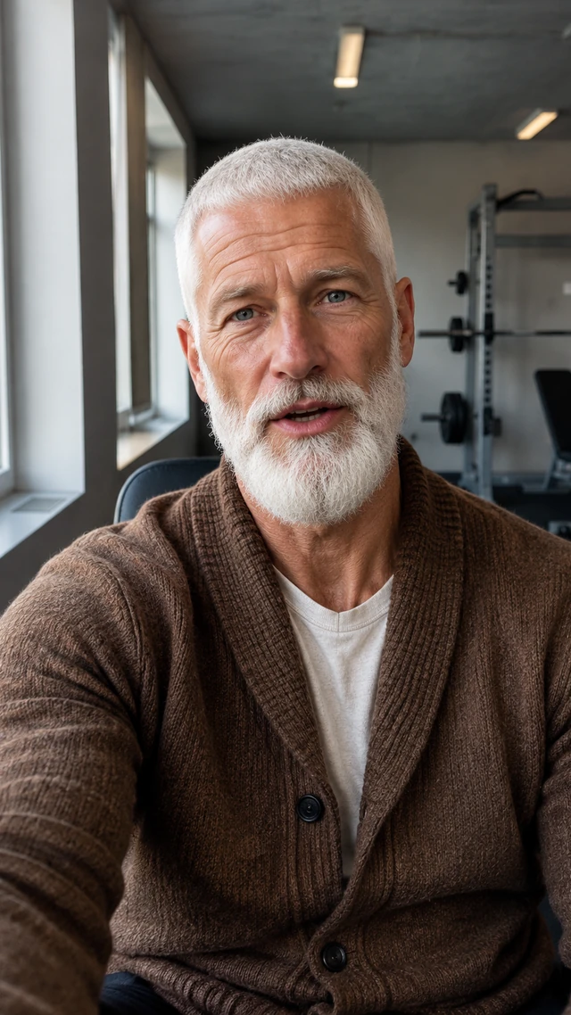 Adult white man with thin white crew cut in a gym setting, speaking to camera seated on a gym bench speaking after a training set.