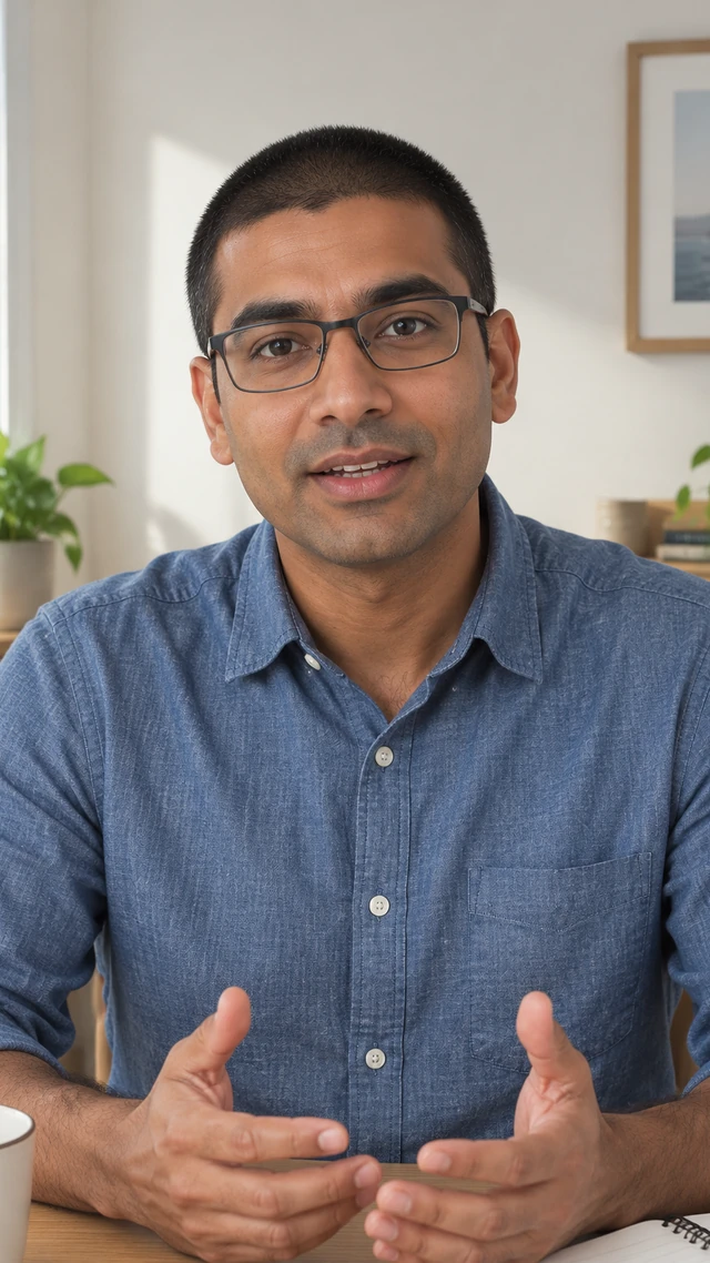 Adult South Asian man with neat buzz cut in a home setting, speaking to camera seated at a bright home table giving a calm explanation.