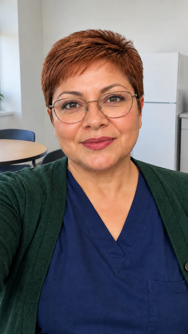 Adult Latina woman with short copper pixie in a hospital setting, speaking to camera standing in a clean staff break room in solid scrubs giving an update.