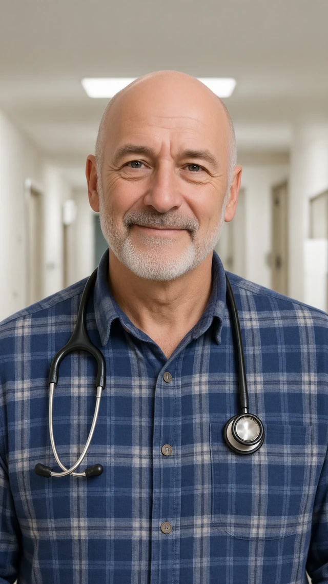 Adult white man with bald with gray beard in a hospital setting, speaking to camera standing in a quiet hospital corridor giving a calm informational line.