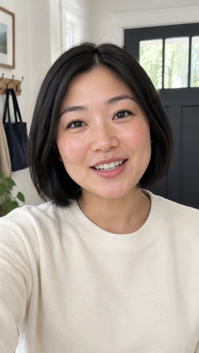 Adult East Asian woman with short straight black bob in an indoor setting, speaking to camera standing in a bright entryway giving a friendly opening line.