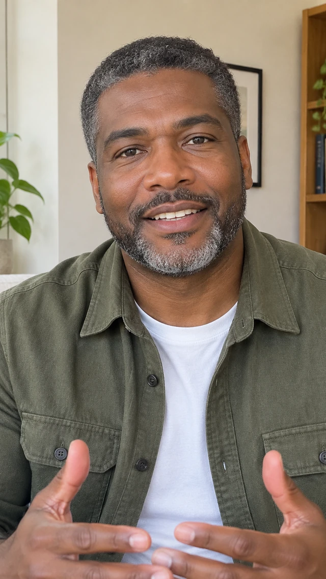 Adult Black man with close-cropped salt-and-pepper curls in an indoor setting, speaking to camera seated in a quiet home corner speaking with relaxed hands.