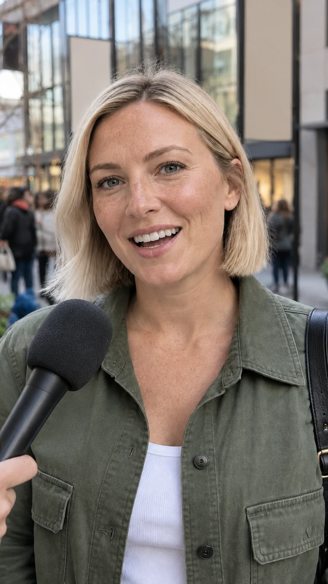 Adult white woman with short straight blonde bob in an interview setting, speaking to camera standing on a lively pedestrian street answering an off-camera interviewer.