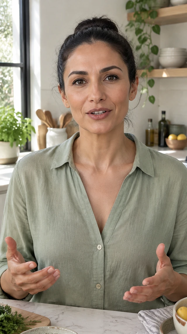 Adult Middle Eastern woman with tight dark bun in a kitchen setting, speaking to camera standing at a bright kitchen island giving a cooking-day explanation.