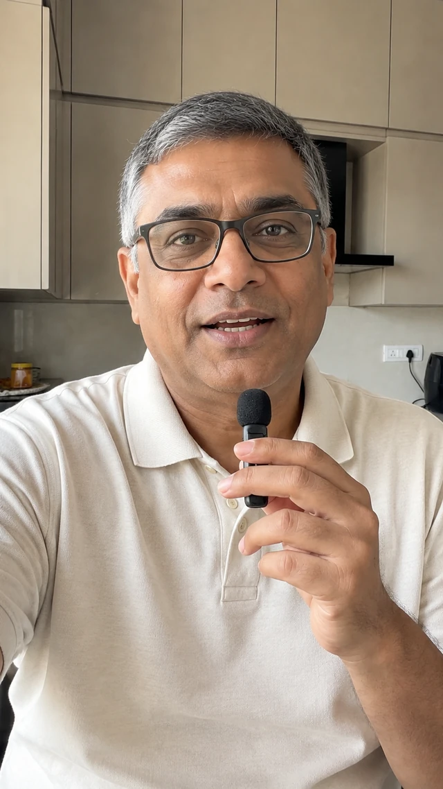 Adult South Asian man with short salt-and-pepper crop in a kitchen setting, speaking to camera seated at a kitchen counter speaking in a friendly review style.