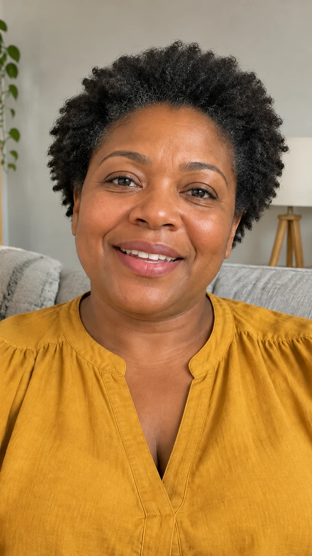 Adult Black woman with short textured afro in a living room setting, speaking to camera seated on a sofa speaking in a relaxed living-room check-in.