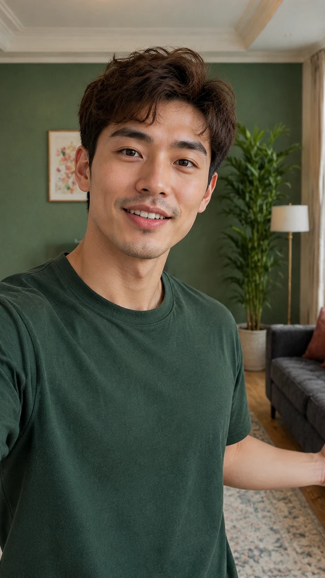 Adult East Asian man with short wavy chestnut crop in a living room setting, speaking to camera standing beside a lounge chair giving a friendly home introduction.