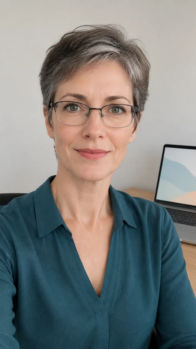 Adult white woman with salt-and-pepper crop in an office setting, speaking to camera seated at a desk with an open laptop showing only abstract color blocks.