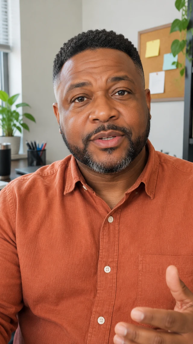 Adult Black man with short coiled fade in an office setting, speaking to camera standing beside a desk giving a concise workday explanation.