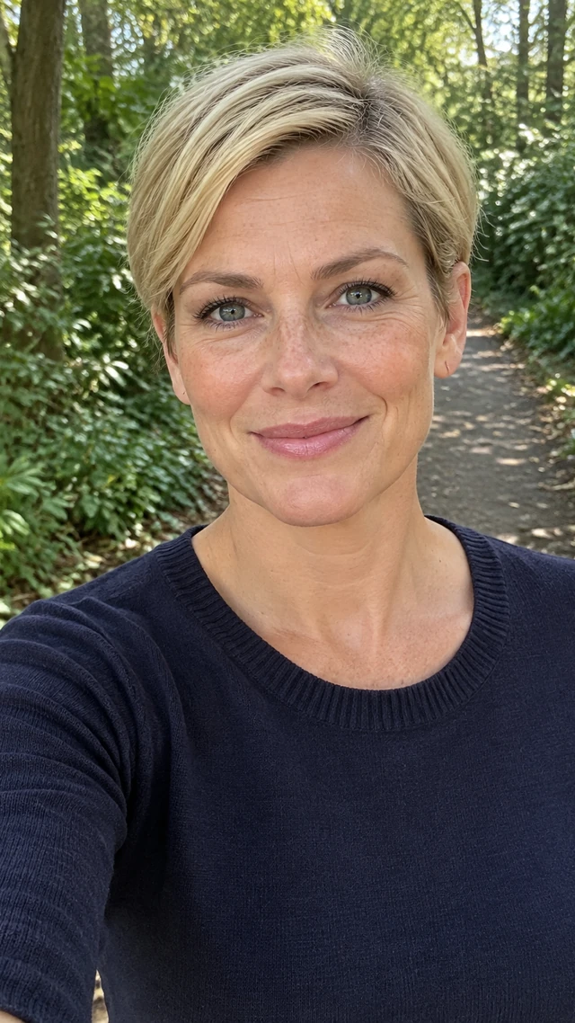 Adult white woman with short blonde pixie tucked behind bare ears in an outdoor setting, speaking to camera standing on a leafy path greeting the camera.