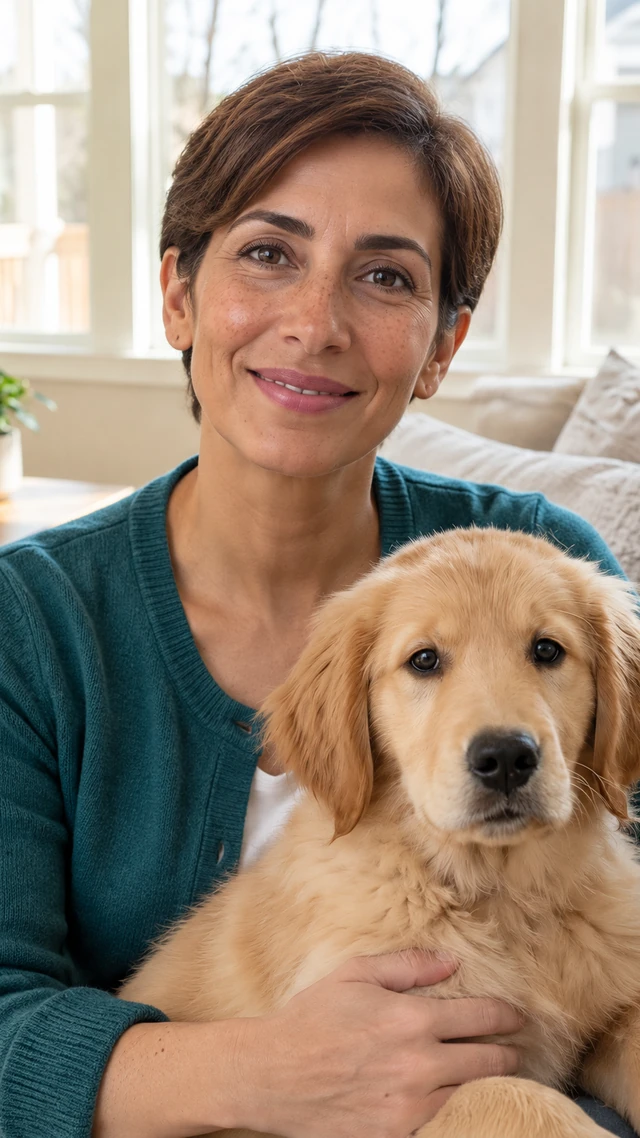 Adult Arab woman with short chestnut pixie tucked behind bare ears in a pet setting, speaking to camera cuddling a calm dog beside the chest while speaking to camera.