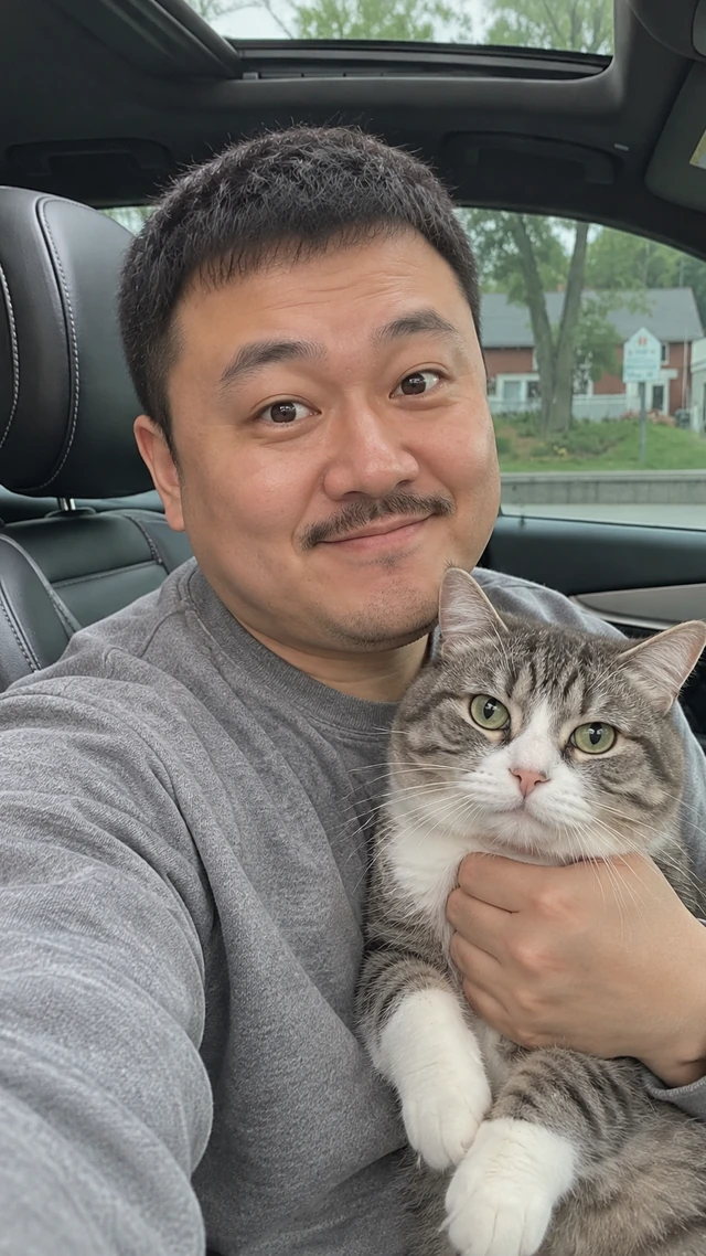 Adult East Asian man with short textured crop in a pet setting, speaking to camera holding a calm cat close to the chest while giving a playful introduction.