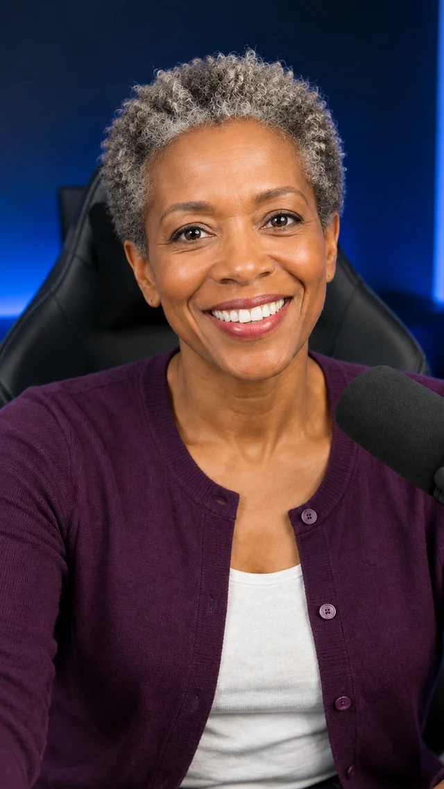 Adult Black woman with short gray coils in a podcast setting, speaking to camera seated at a podcast desk speaking beside a plain broadcast microphone.