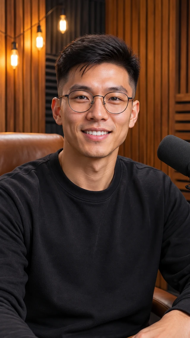 Adult East Asian man with short undercut in a podcast setting, speaking to camera leaning toward a podcast microphone delivering an opening line.