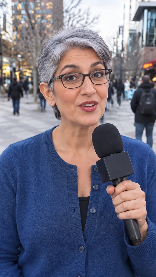 Adult Middle Eastern woman with short silver pixie tucked behind bare ears in a reporting setting, speaking to camera standing on a city sidewalk speaking into a plain handheld microphone.