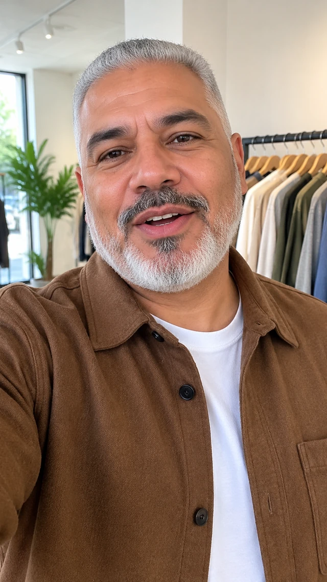 Adult Latino man with short silver crop in a shopping setting, speaking to camera standing near a clothing rack speaking with a relaxed shopping update.