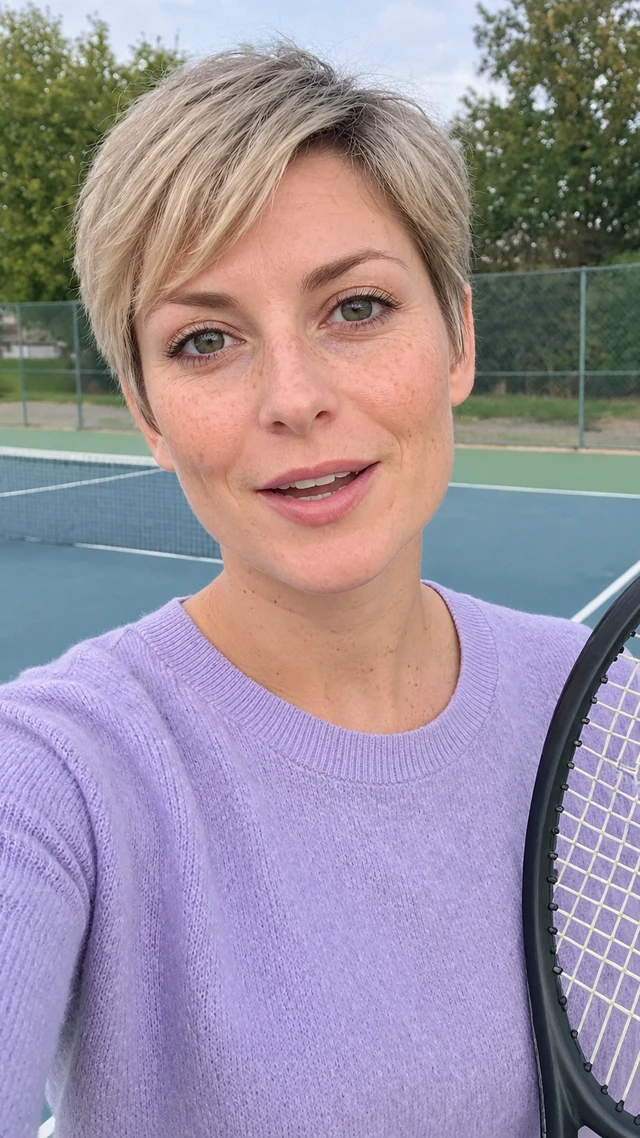 Adult white woman with short ash-blonde pixie in a sports setting, speaking to camera standing on an outdoor court beside a plain tennis racket, giving a quick tip.