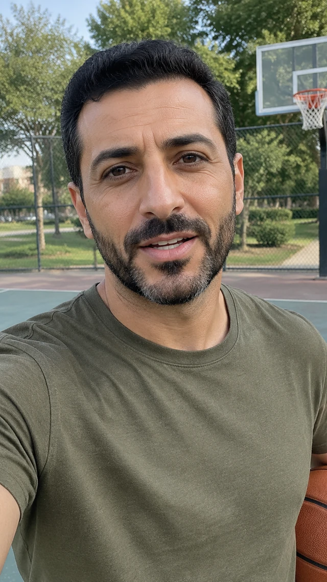 Adult Middle Eastern man with short black waves in a sports setting, speaking to camera standing near a community court with a plain basketball at the side, speaking to camera.