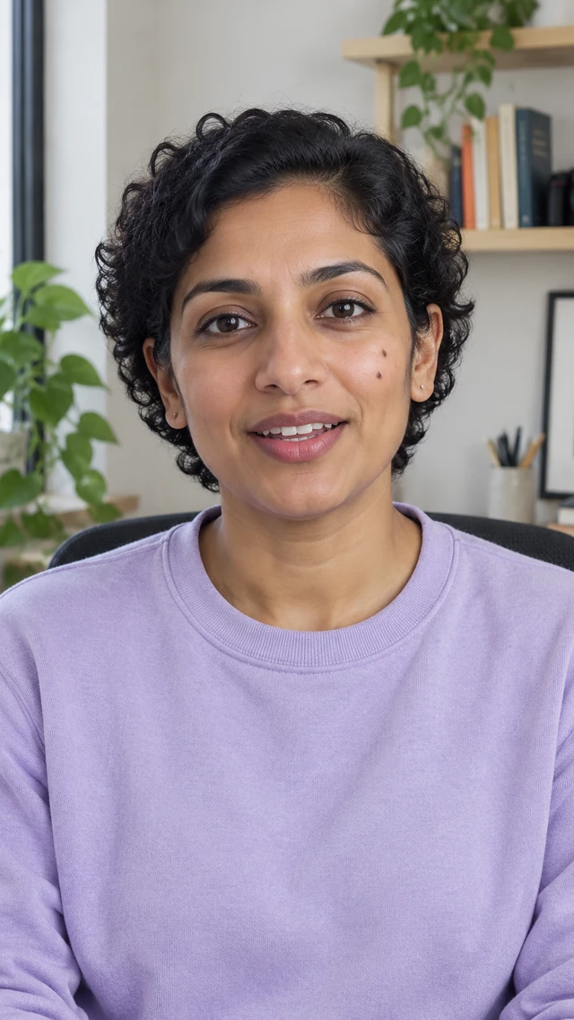 Adult South Asian woman with close-cropped natural curls tucked behind bare ears in a studio setting, speaking to camera seated in a clean creator studio giving a polished talking-head intro.