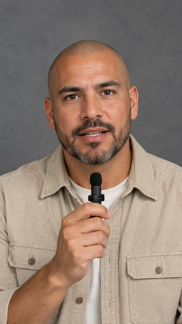 Adult Latino man with shaved head in a studio setting, speaking to camera standing against a softly lit studio backdrop speaking clearly.