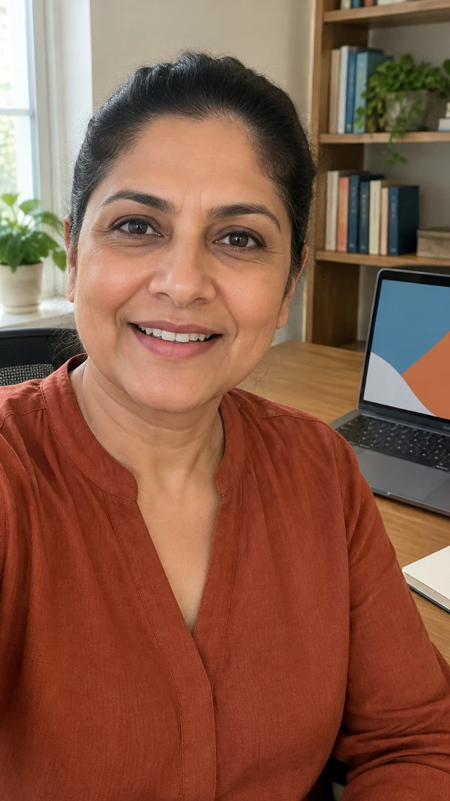 Adult South Asian woman with tight black bun in a study room setting, speaking to camera seated at a study desk with a laptop showing abstract color blocks.