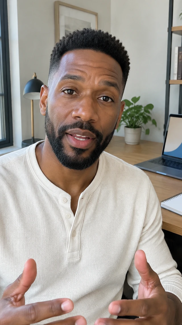 Adult Black man with short coiled fade in a study room setting, speaking to camera seated beside a quiet desk with a blank notebook, explaining a study routine.