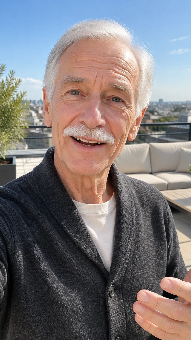 Adult white man with thin silver hair in a terrace setting, speaking to camera standing on a sunny rooftop terrace giving a hosting-style greeting.